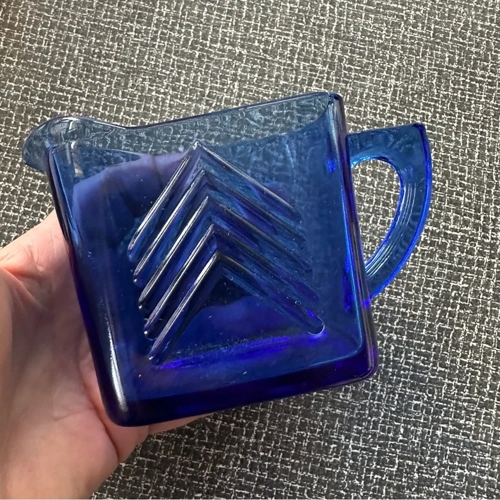 Vintage Hazel Atlas Chevron Cobalt Blue Creamer and Sugar Set